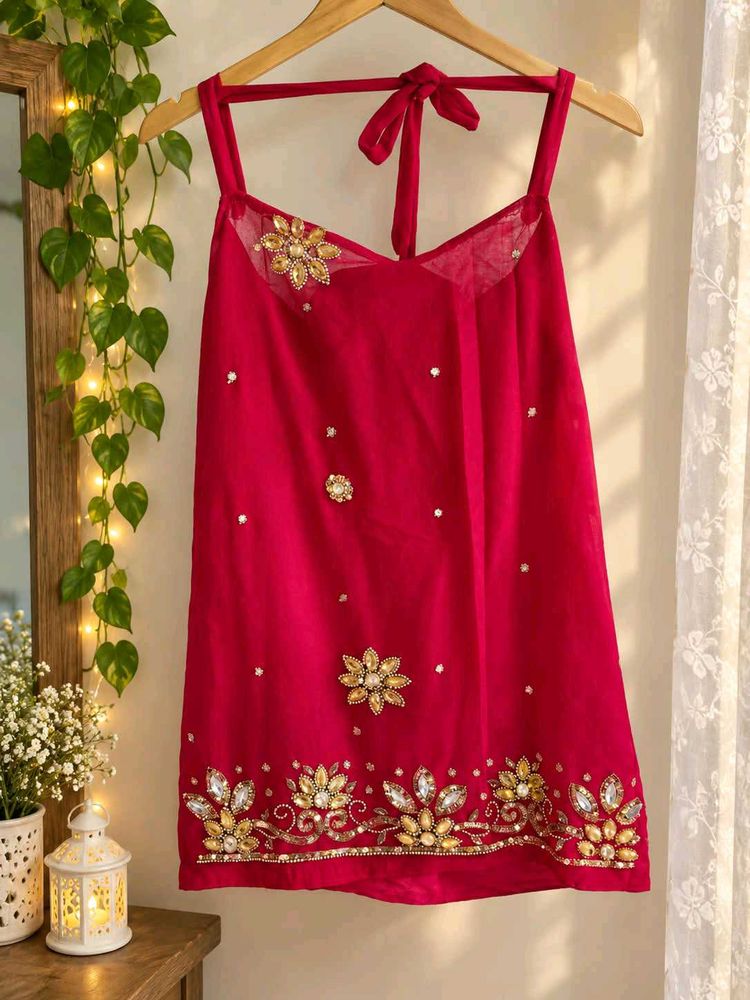 Stunning Red Embellished Halter Neck Top