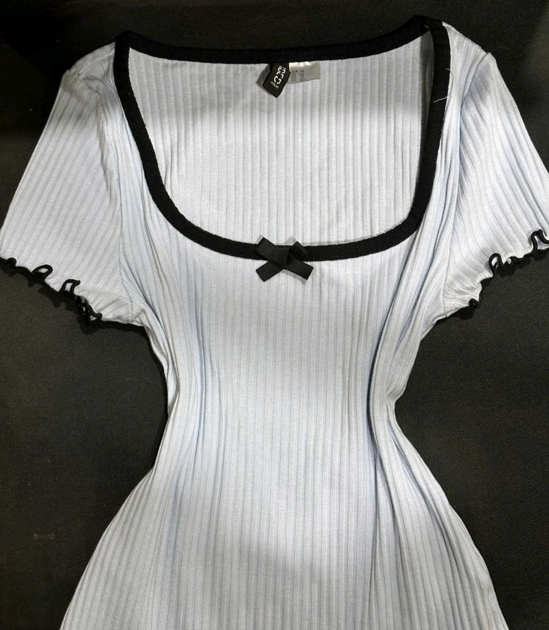 Ribbed Baby Blue Top with Bow Detail