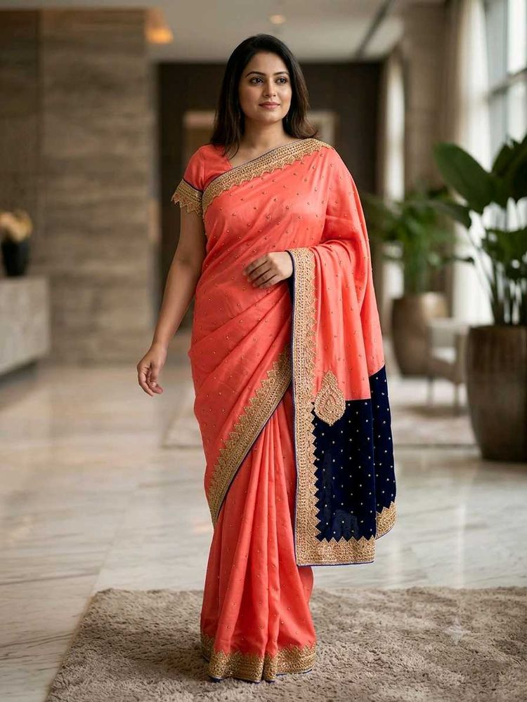 Elegant Peach Saree with Blue Border