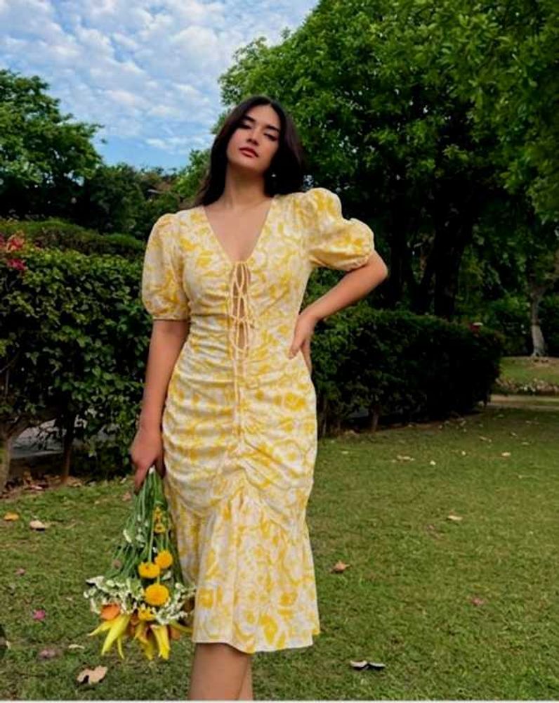 Yellow Floral Print Midi Dress