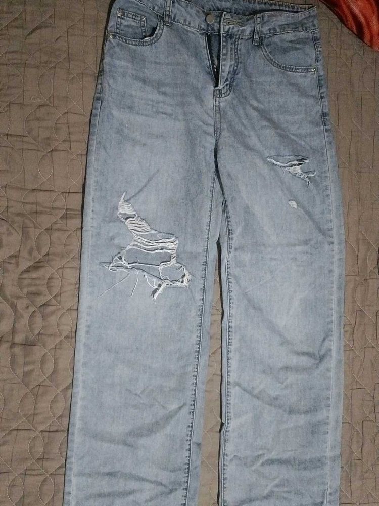 Light Wash Distressed Wide Leg Denim Jeans , lengt