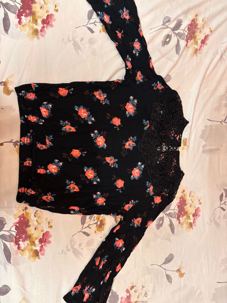 Black Floral Lace Neck Top