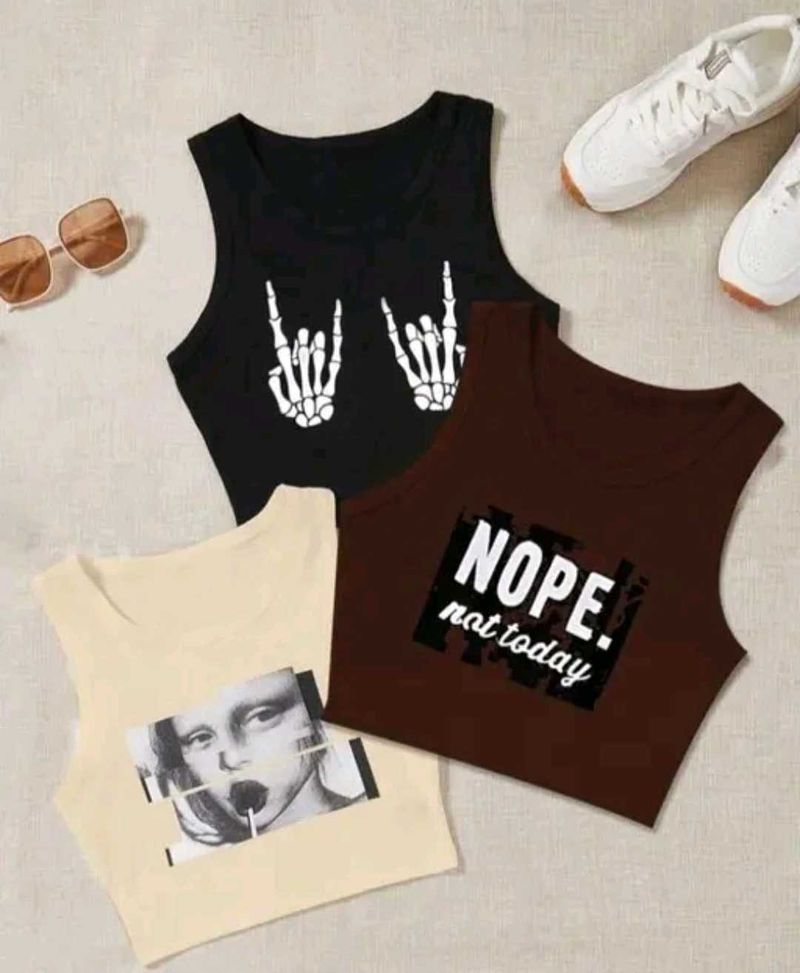 Graphic Print Crop Tops Set