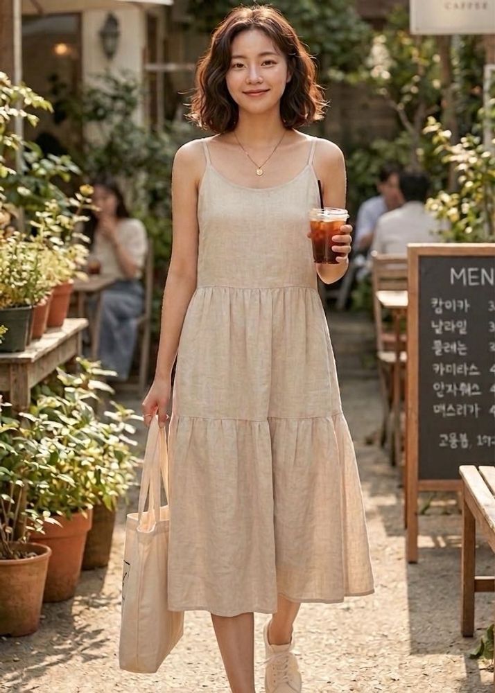 Linen Blend Tiered Midi Dress