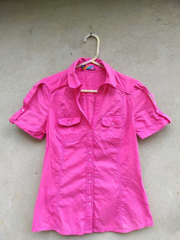 Bright Pink Short Sleeve Button-Up Shirt