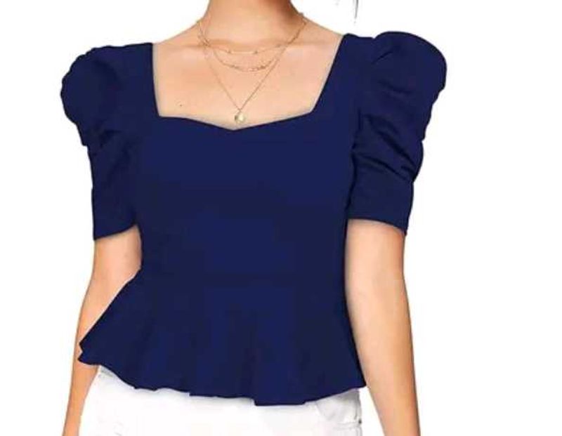 Navy Blue Puffed Sleeves Top