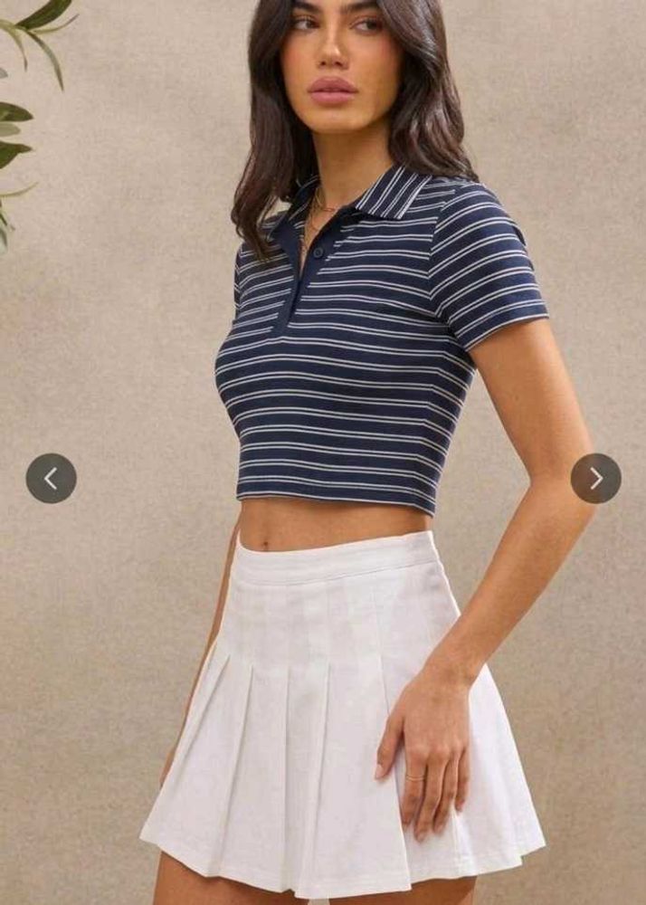 Women's Navy Blue Striped Ribbed Polo Crop Top