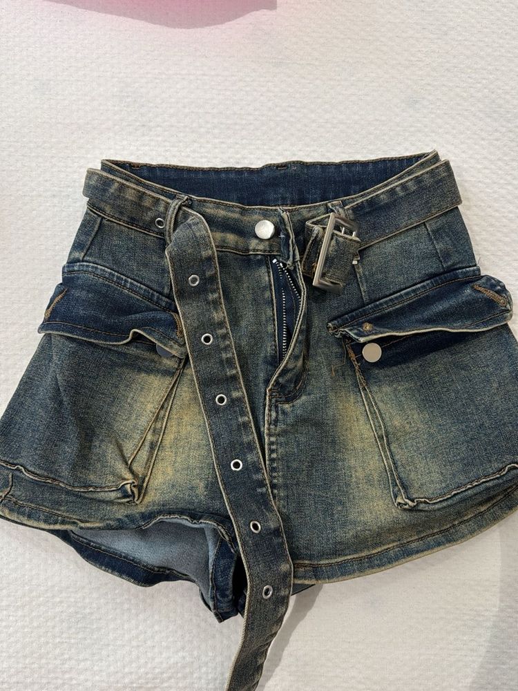Distressed Denim Cargo Skirt with Belt