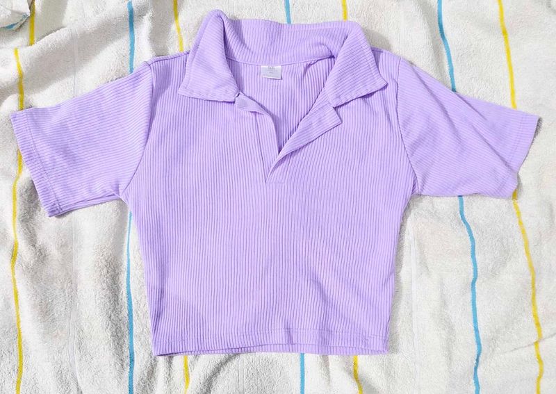 Lilac Ribbed Polo Crop Top