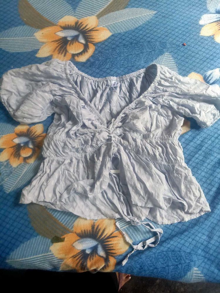 Light Blue Cropped Puff Sleeve Top