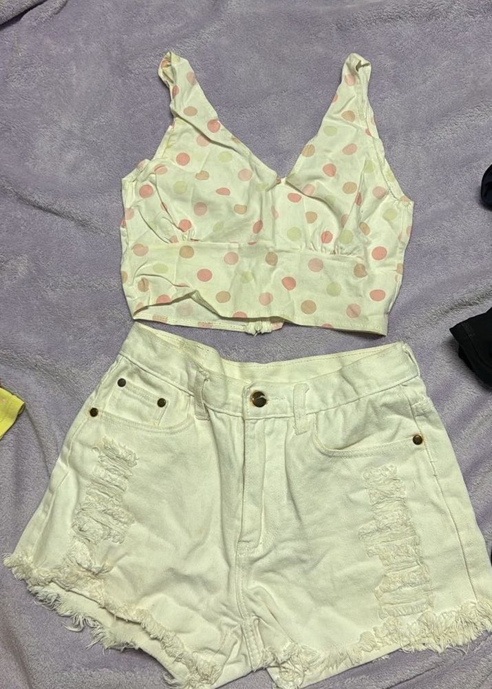 Polka Dot Crop Top &amp; jeans Shorts Set
