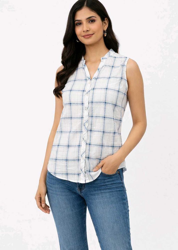 Sleeveless Plaid Button Down Top