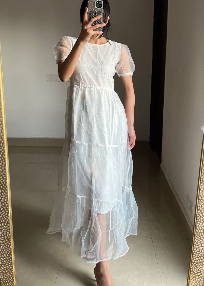 Sheer White Puff Sleeve Tiered Midi Dress