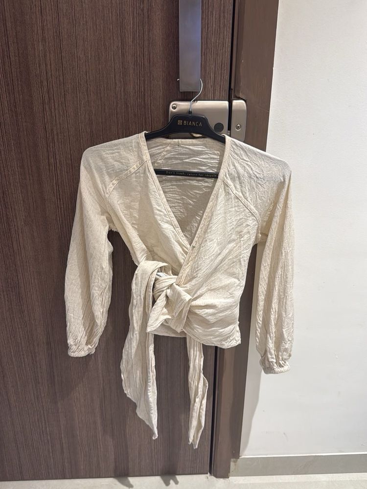 Cream Textured Wrap Blouse