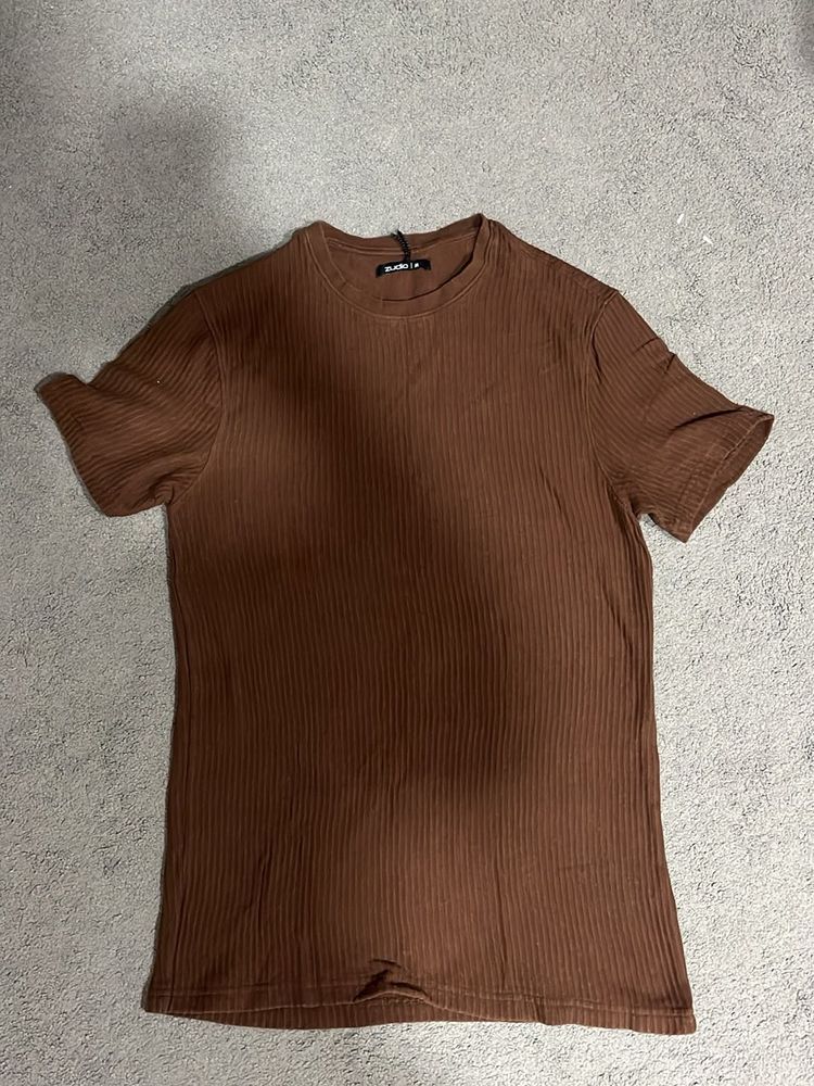 Brown Ribbed Knit T-Shirt