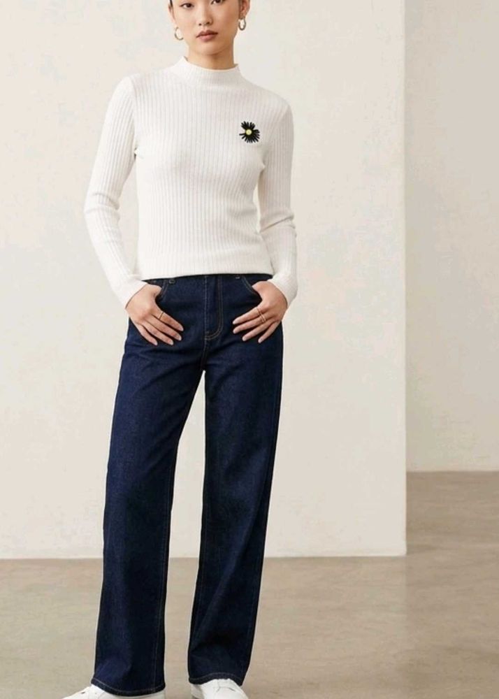 White Ribbed Mock Neck Sweater with Flower Detail