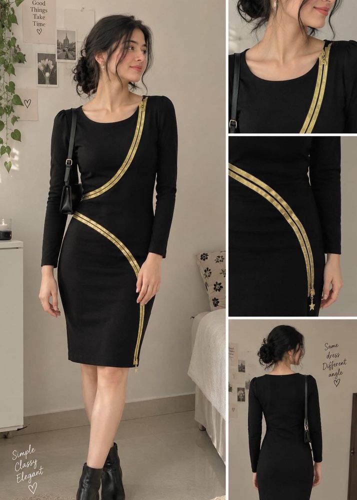 Elegant black bodycon dress with gold zip