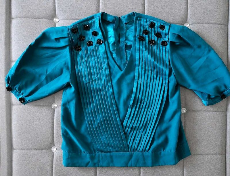 Elegant Teal Pleated Top