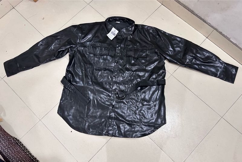 Black Faux Leather Belted Shirt Jacket