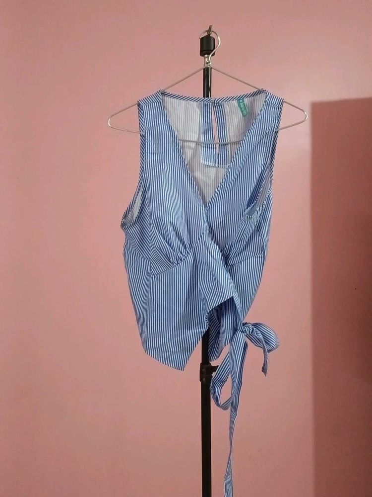 Blue Striped Wrap Top