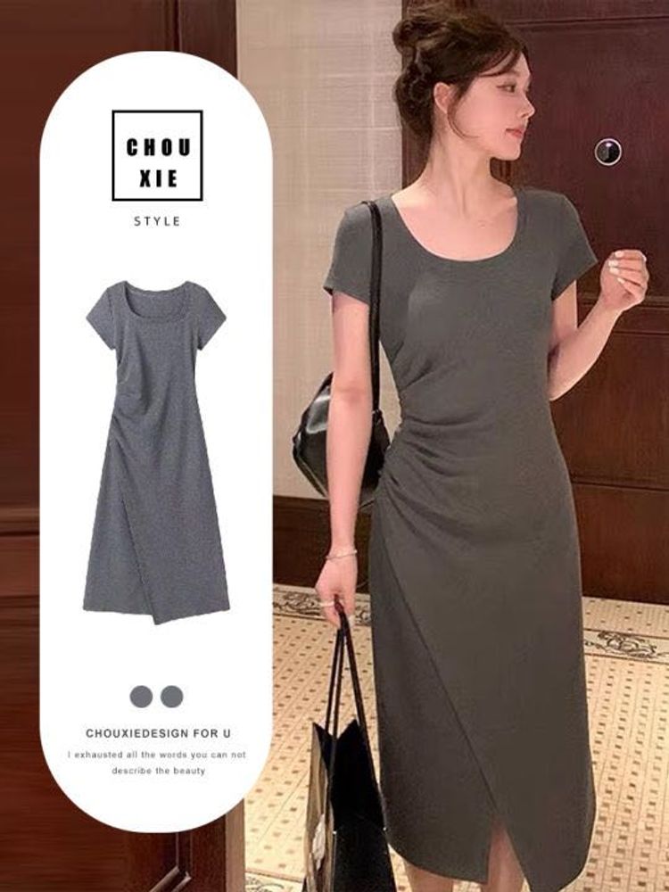 Ruched Grey Midi Dress
