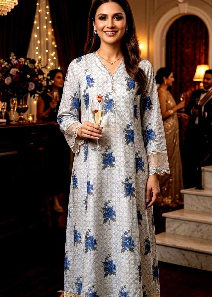 Women’s Elegant Blue Floral Printed Straight Kurta