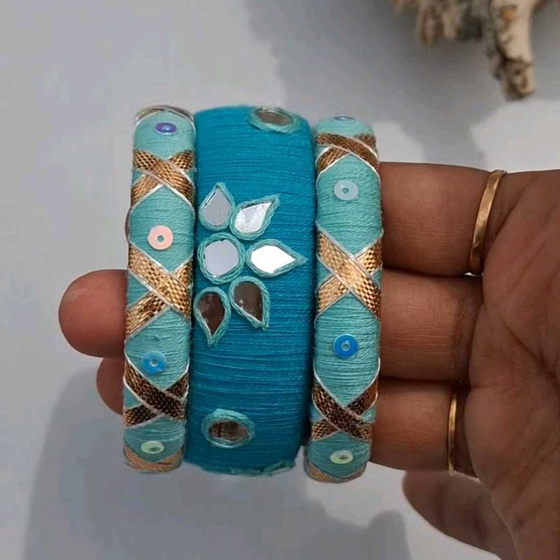Turquoise Silk Thread Bangles with Mirror Work