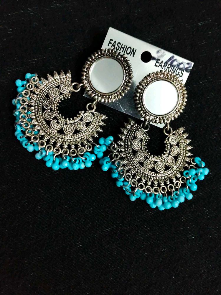 Oxidized Mirror Jhumka Earrings with Blue Beads