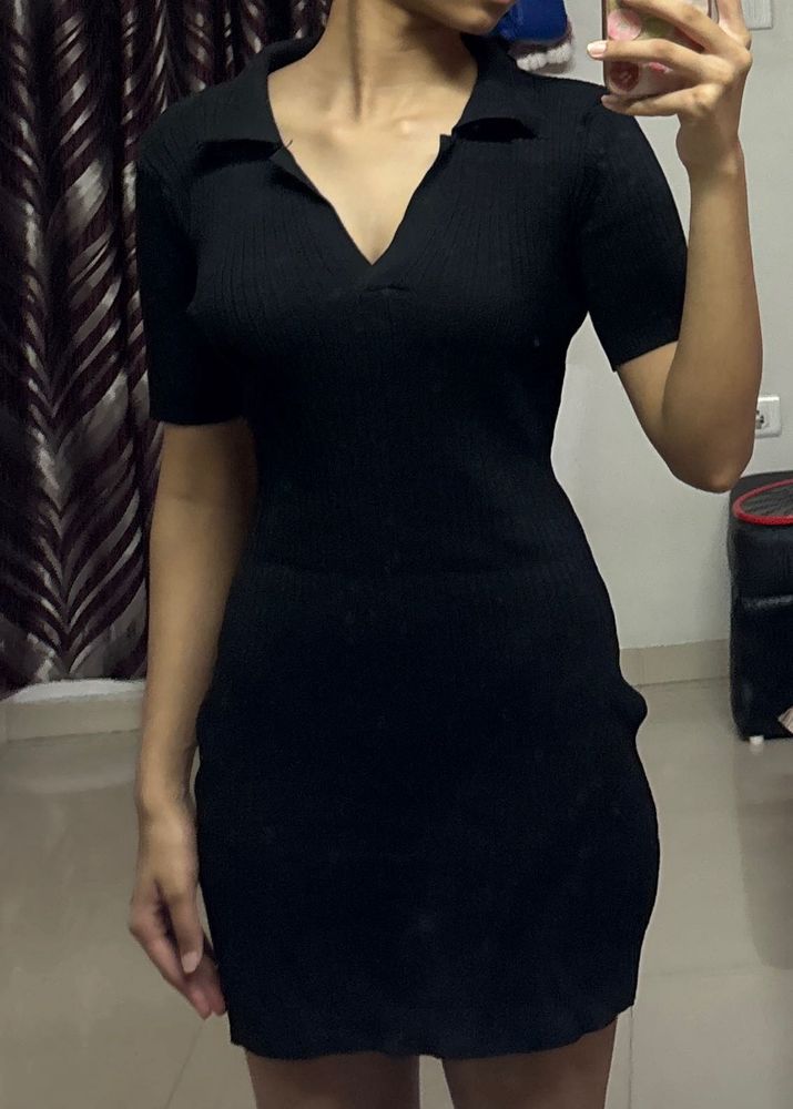 Ribbed Polo Neck Mini Dress