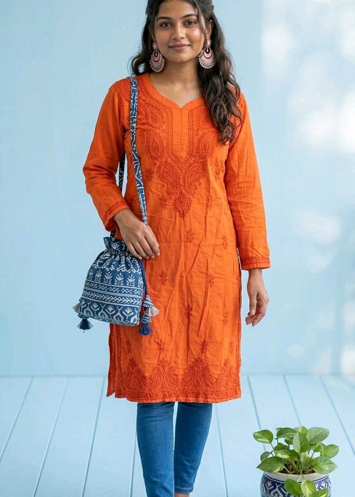 Orange Chikankari Kurta