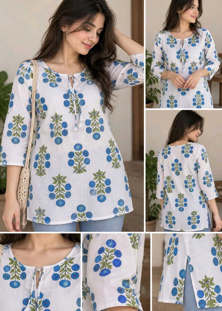 Blue Floral Print Cotton Tunic