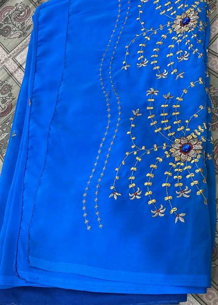 Vibrant Blue Embroidered Saree