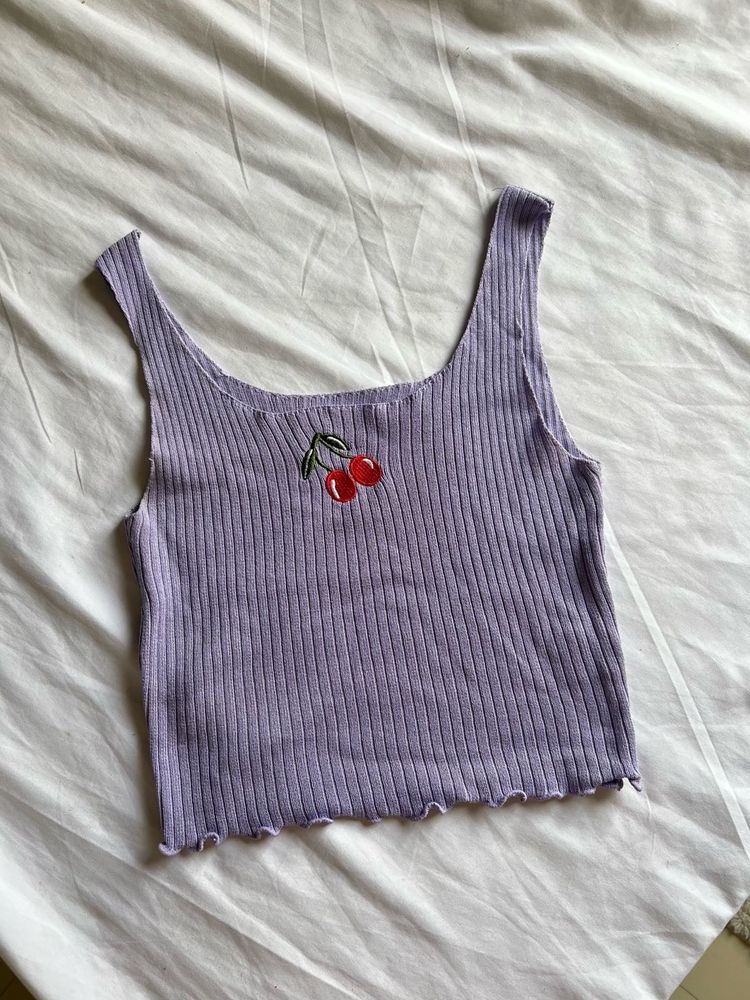 Urbanic- Lilac Ribbed Tank Top with Cherry Embroid