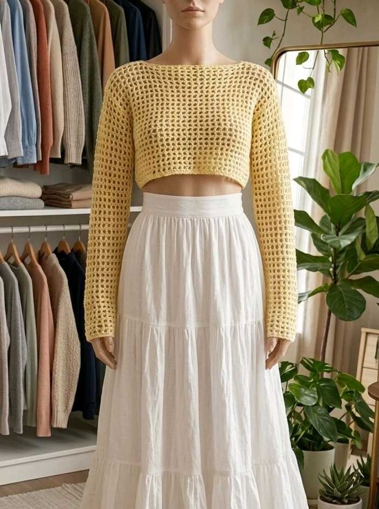 Crochet Knit Crop Top - Long Sleeve