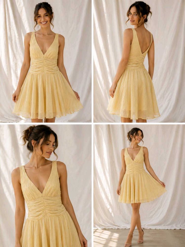 16J6. Chic Yellow V-Neck Ruched Mini Dress