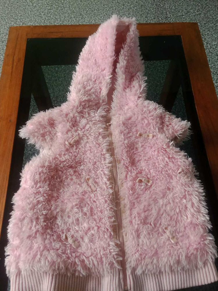 Pink Fluffy Hooded Jacket.Can be worn both side