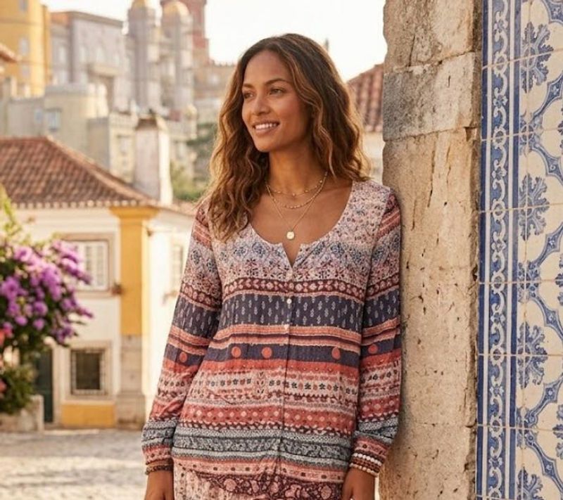 Boho Print Long Sleeve Tunic Top