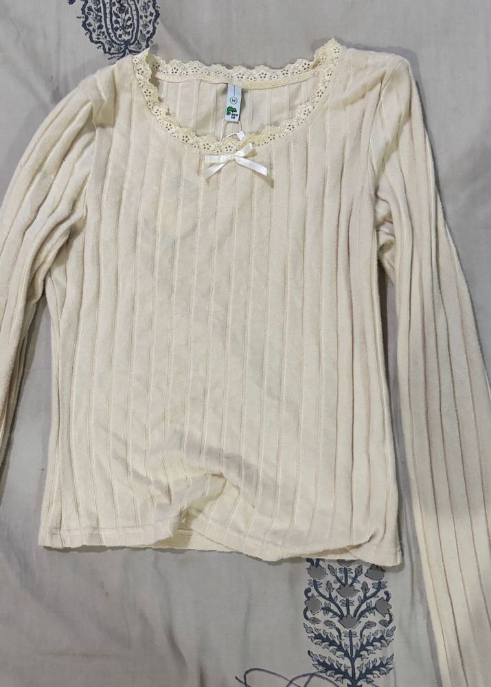 y2k Cream Ribbed Long Sleeve Top