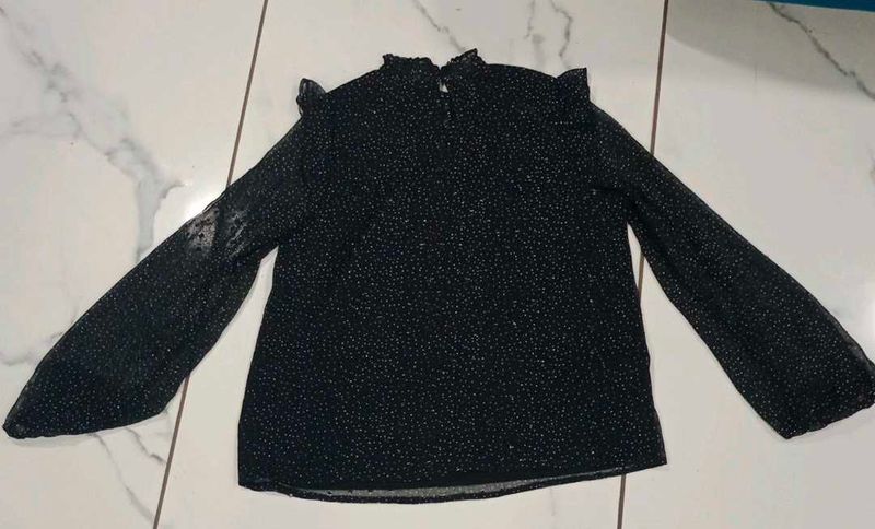 Sparkling Black Mesh Ruffle Top