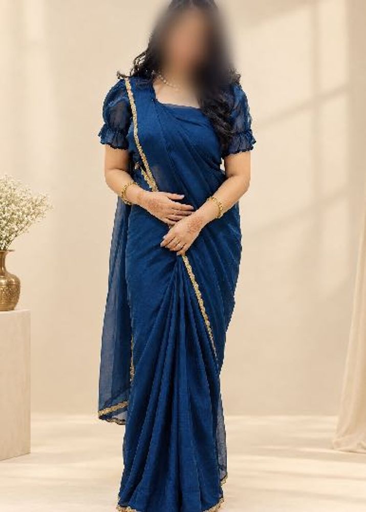 Elegant Blue Saree with Puff Sleeves