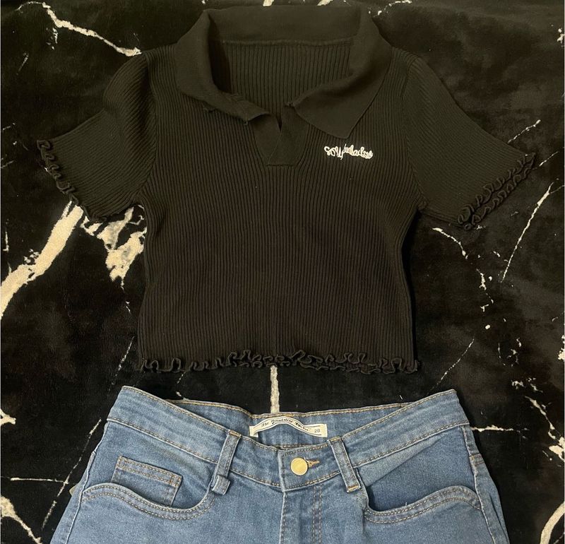 Cute Black Ribbed Collared Top