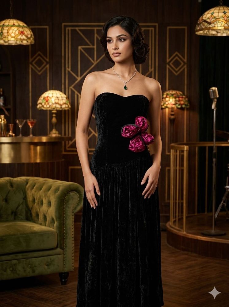 Velvet Strapless Gown with Floral Detail