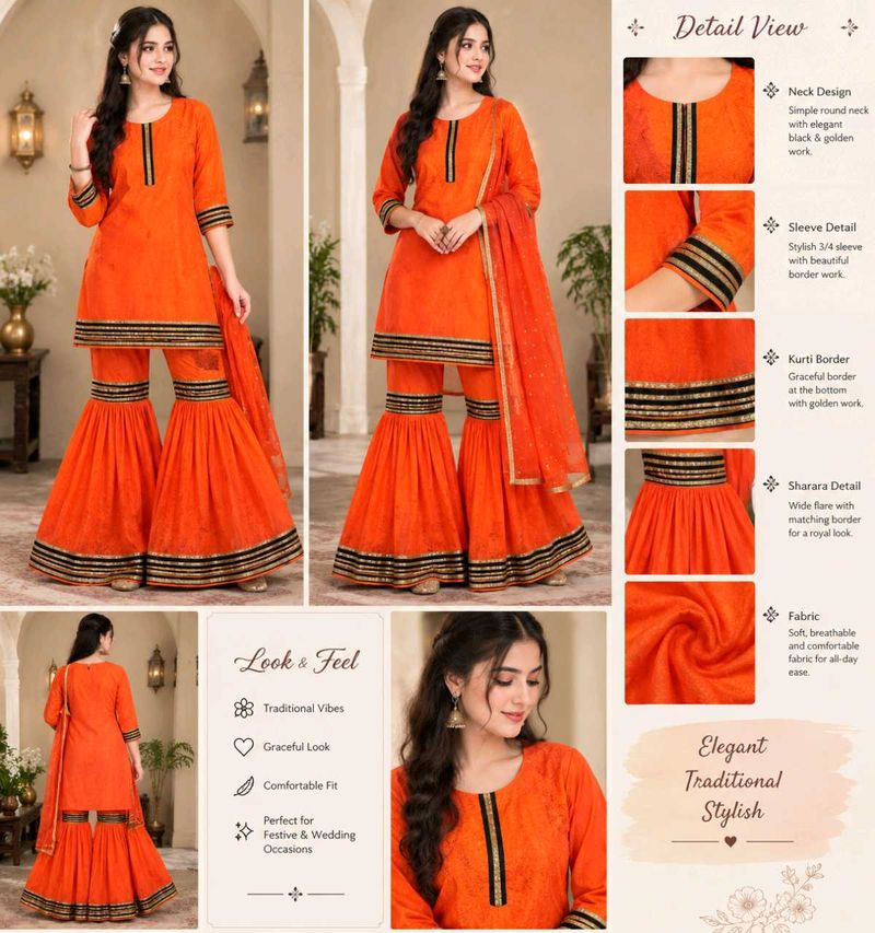coral Sharara Set with Golden blackBorder