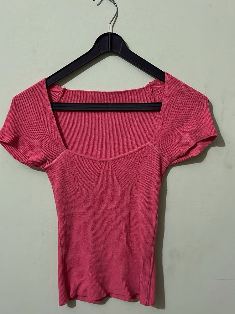 Pink Ribbed Square Neck Top