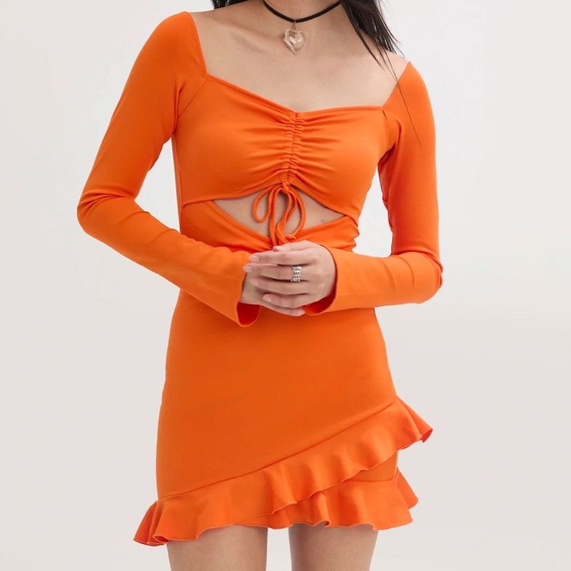 Orange Ruched Cutout Mini Dress