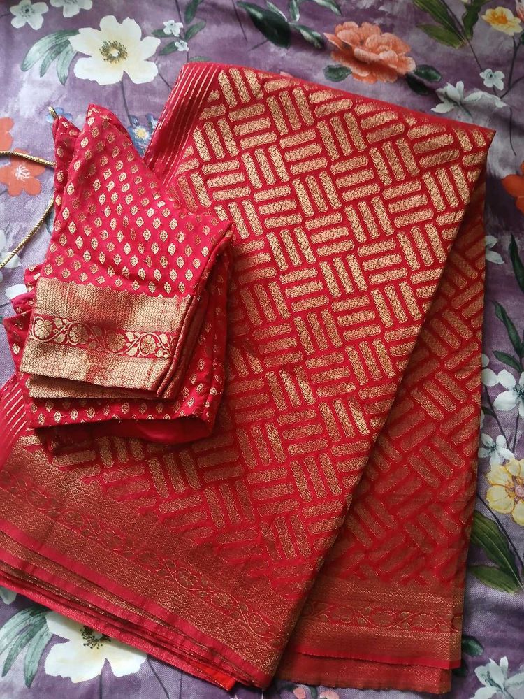 Vibrant Red Banarasi Georgette Saree with Blouse