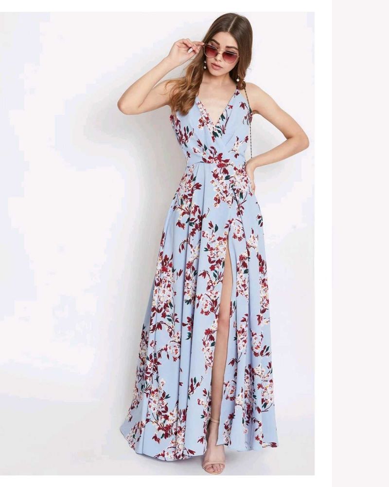 Berrylush Blue Floral Maxi Dress with Slit