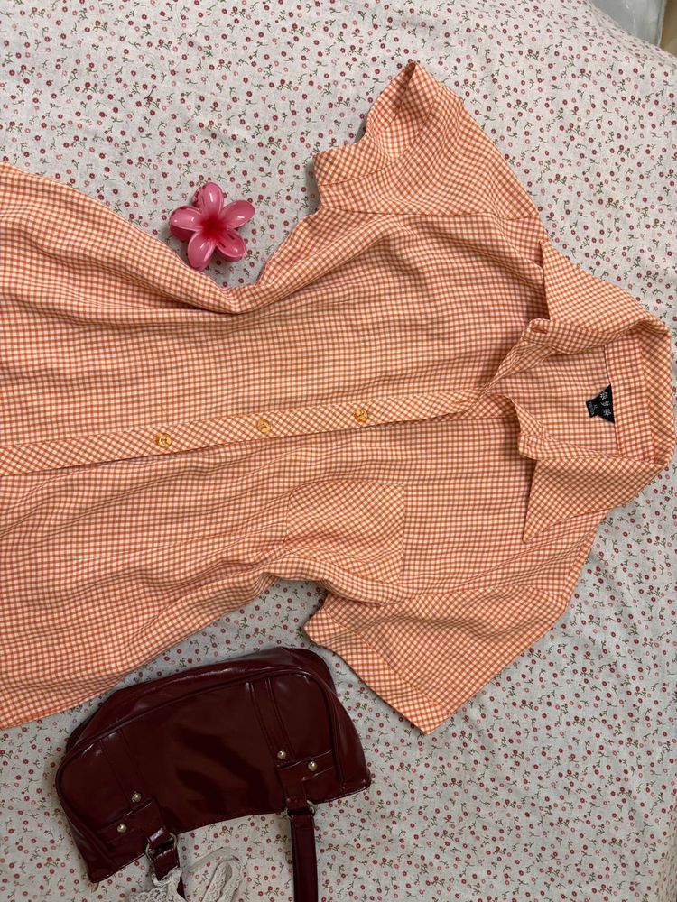Cute Orange Gingham Button-Up Shirt