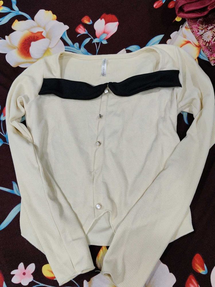 Cream Ribbed Square Neck Top with Black Trim