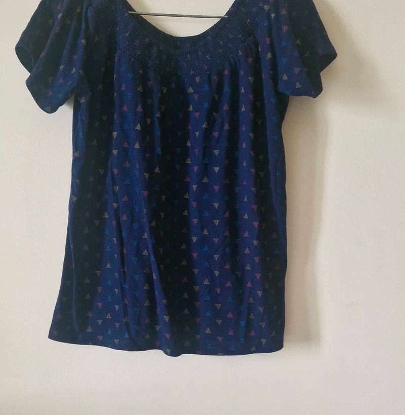 Blue Smocked Triangle Print Top